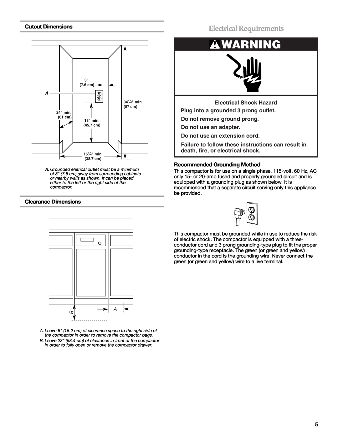 KitchenAid 9871780B manual Electrical Requirements, Cutout Dimensions, Clearance Dimensions, Do not use an extension cord 
