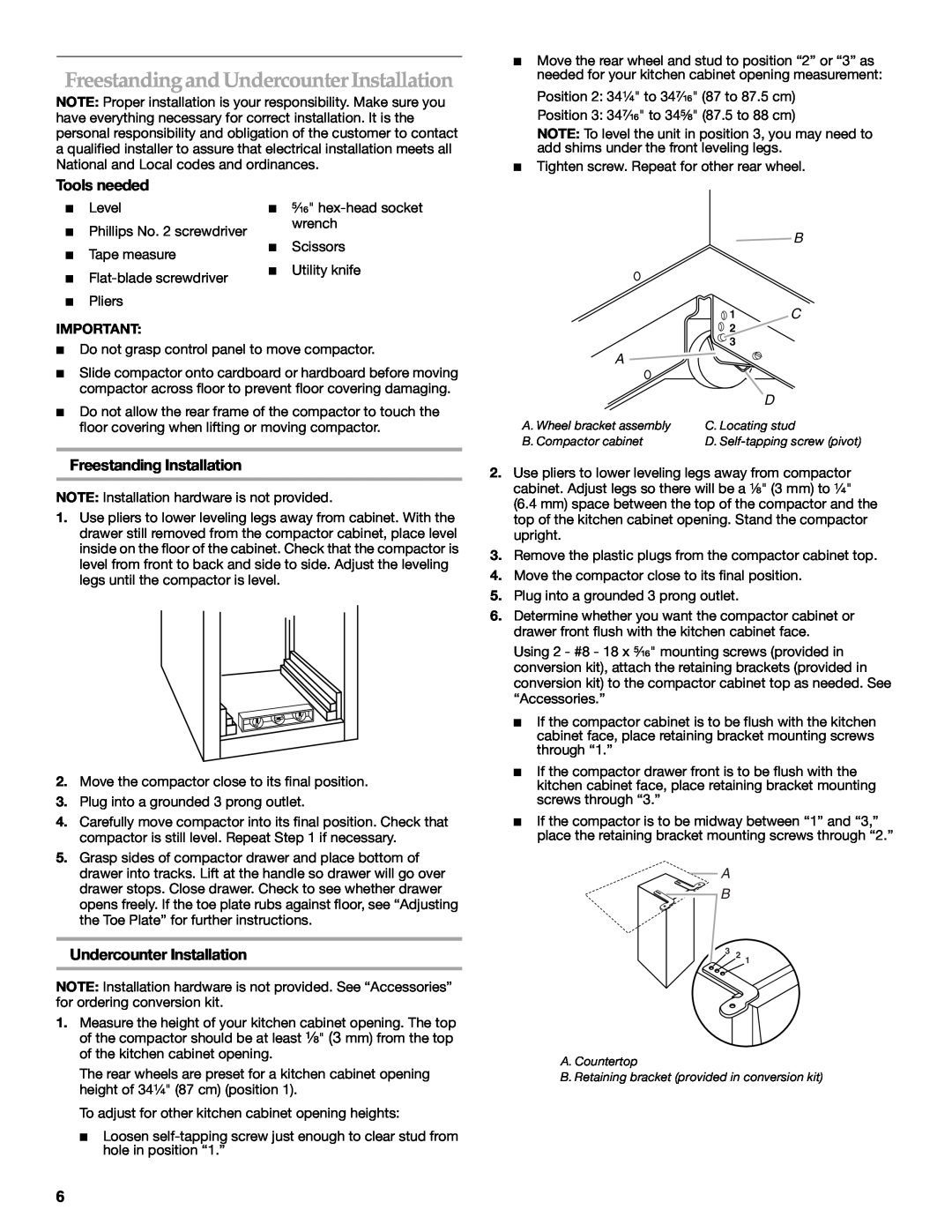 KitchenAid 9871780B manual Freestanding and Undercounter Installation, Tools needed, Freestanding Installation 