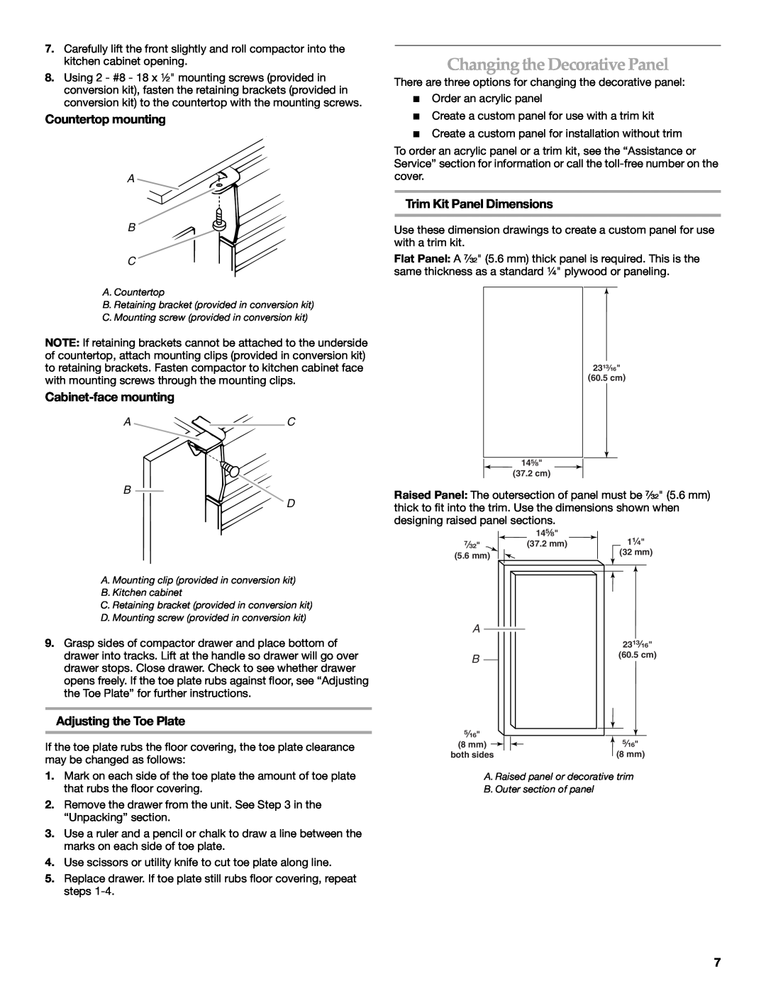 KitchenAid 9871780B Changingthe Decorative Panel, Countertop mounting, Cabinet-face mounting, Trim Kit Panel Dimensions 