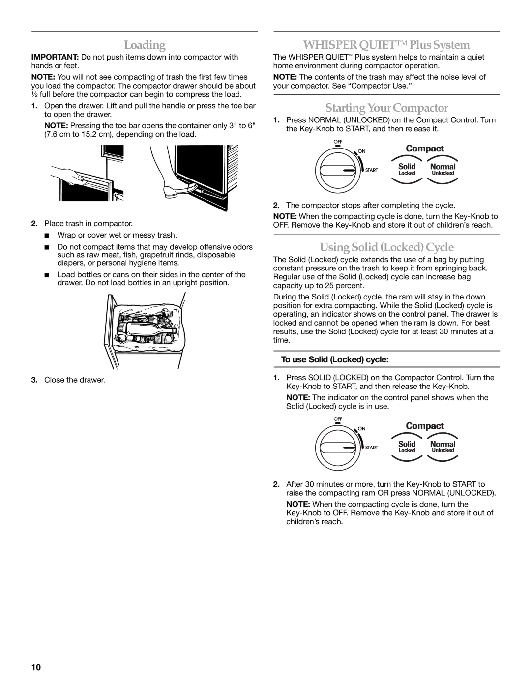 KitchenAid 9871780C manual Loading, Whisper Quiet PlusSystem, Starting YourCompactor, Using Solid Locked Cycle 