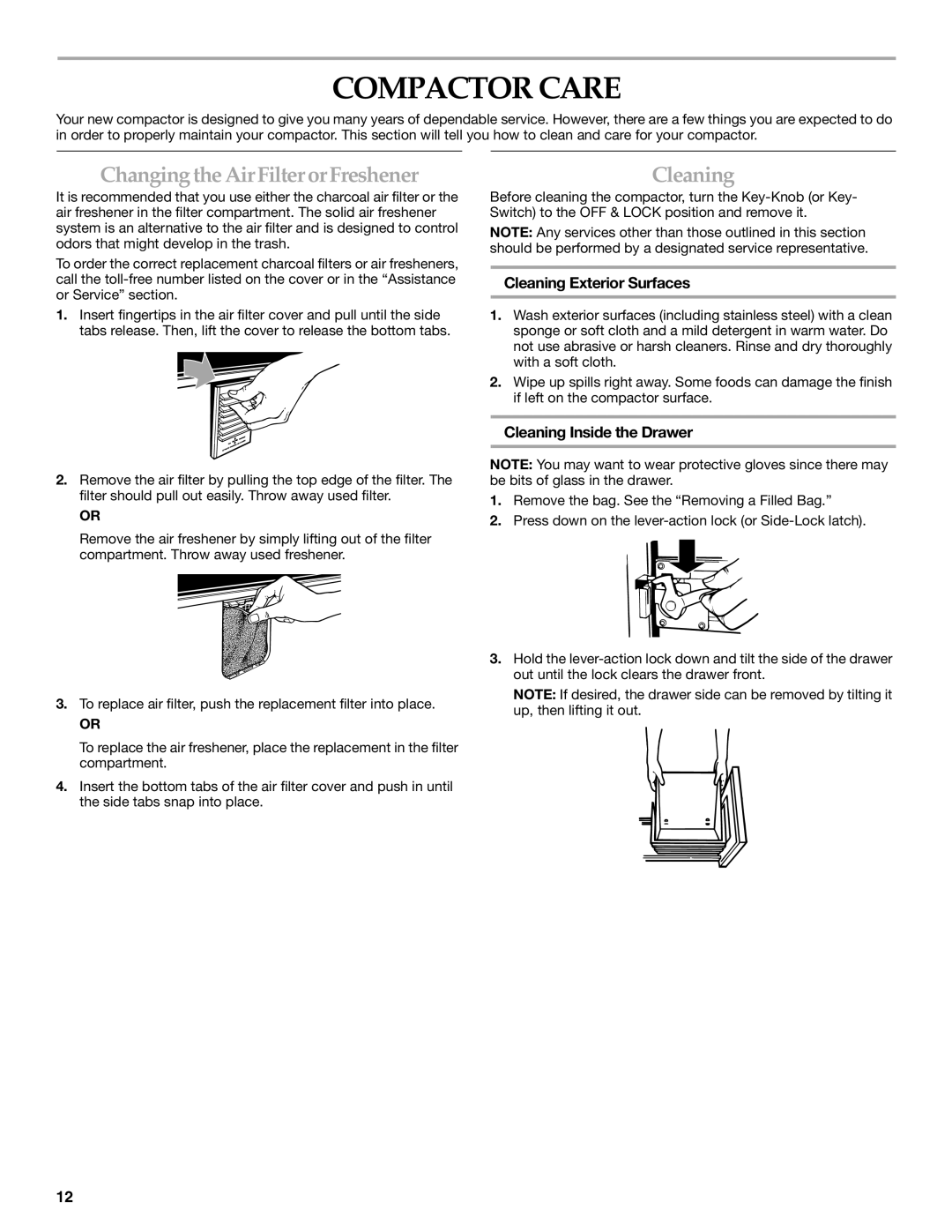 KitchenAid 9871780C manual Compactor Care, Changing the AirFilter orFreshener, Cleaning Exterior Surfaces 