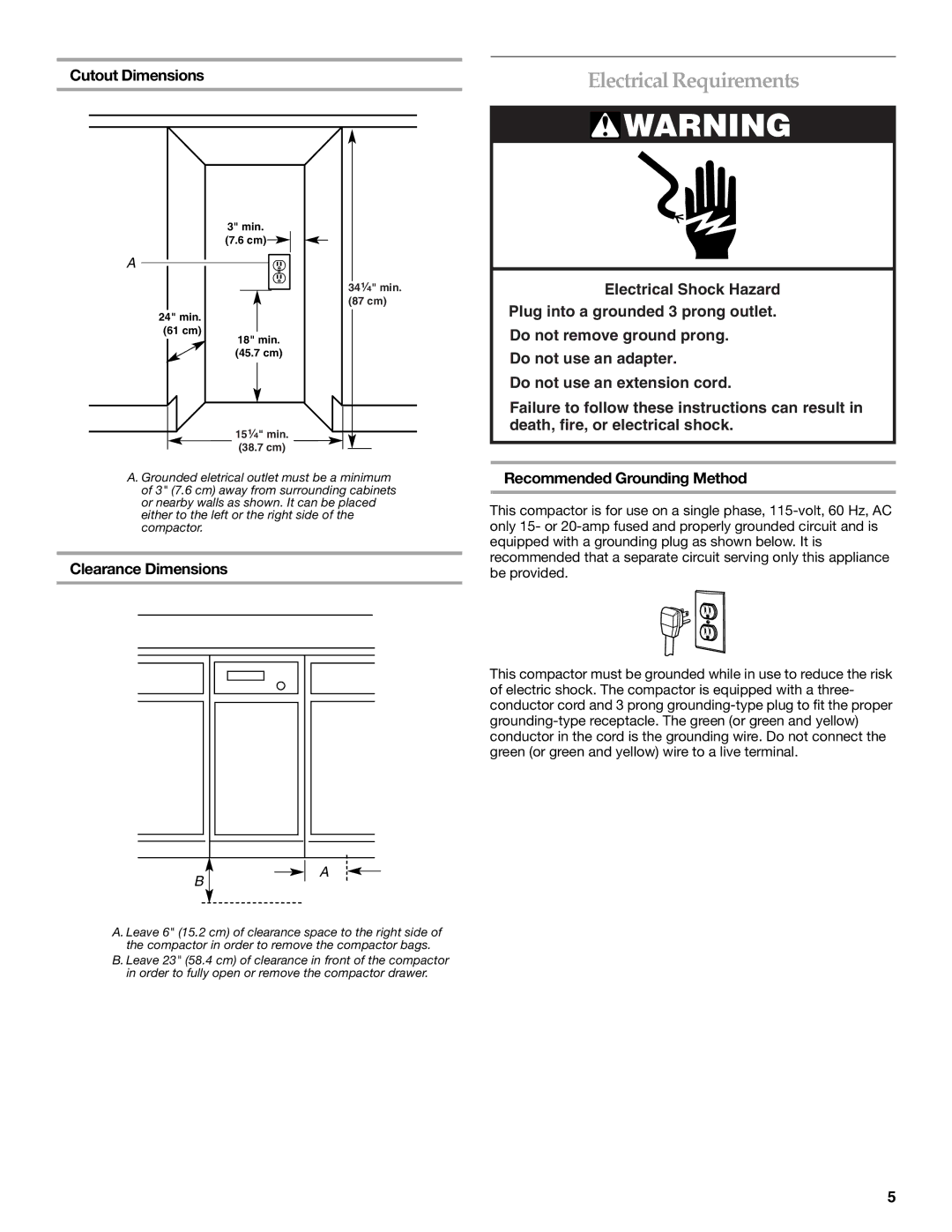 KitchenAid 9871780C manual Electrical Requirements, Cutout Dimensions, Clearance Dimensions 