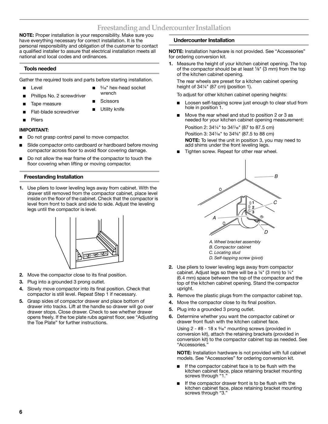 KitchenAid 9871780C manual Freestanding and Undercounter Installation, Tools needed, Freestanding Installation 