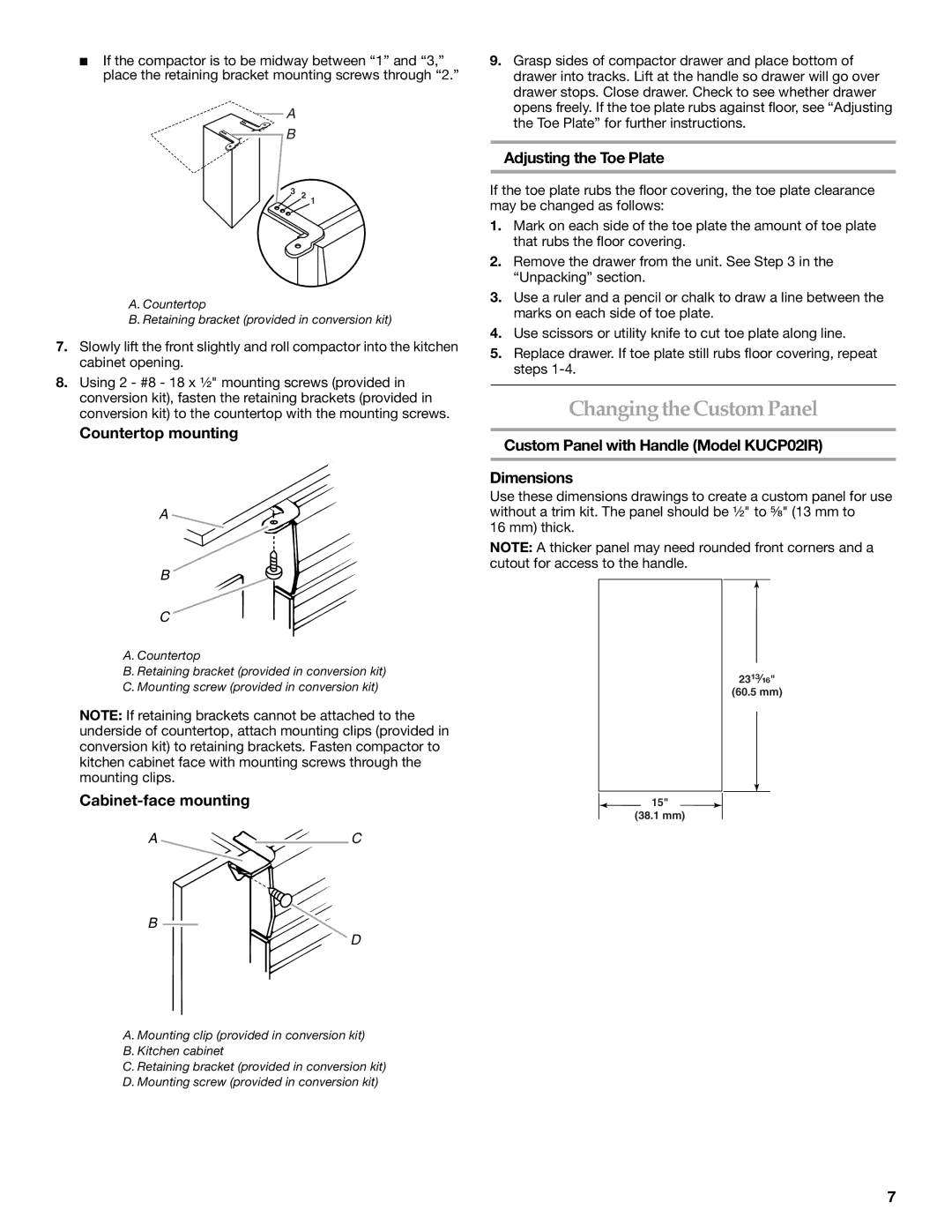 KitchenAid 9871780C manual Changing the CustomPanel, Countertop mounting, Cabinet-face mounting, Adjusting the Toe Plate 