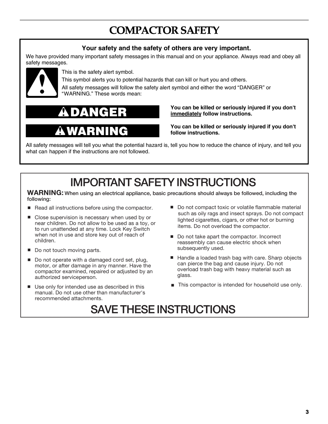 KitchenAid 9871780C manual Compactor Safety, Important Safety Instructions, Save These Instructions 