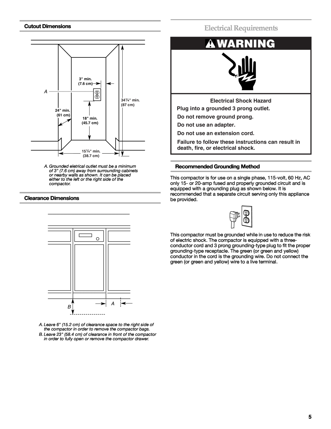 KitchenAid 9871780C manual Electrical Requirements, Cutout Dimensions, Clearance Dimensions, Electrical Shock Hazard 