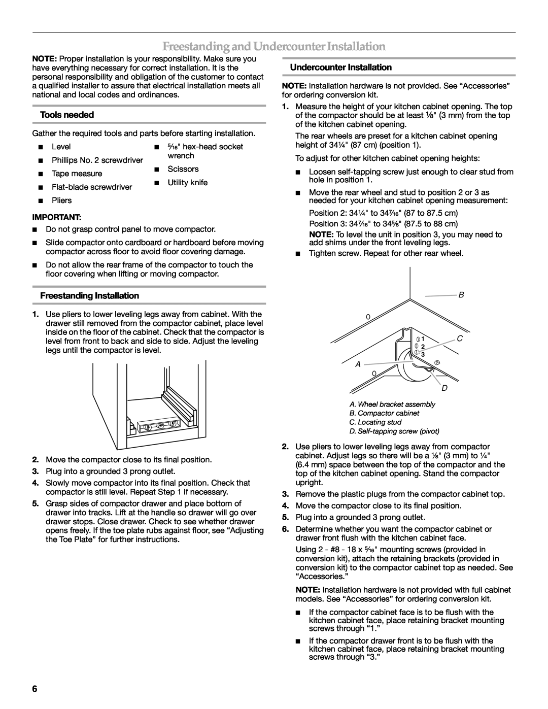 KitchenAid 9871780C manual Freestanding and Undercounter Installation, Tools needed, Freestanding Installation 