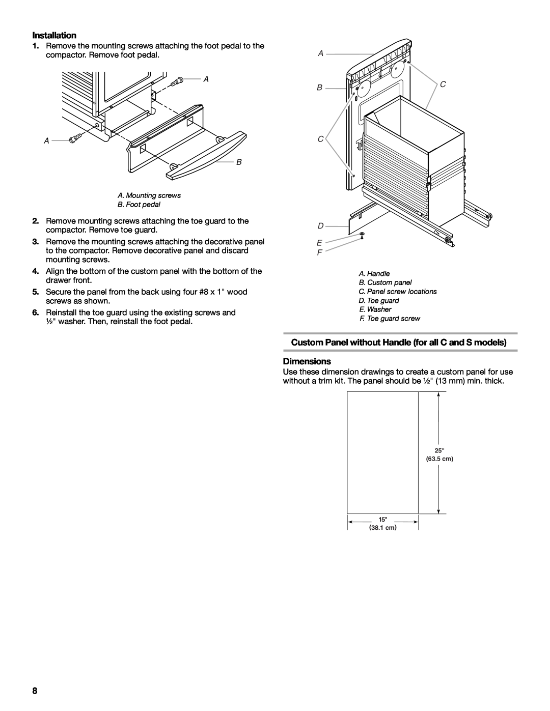 KitchenAid 9871780C manual Installation, Dimensions, A A B, C D E F 