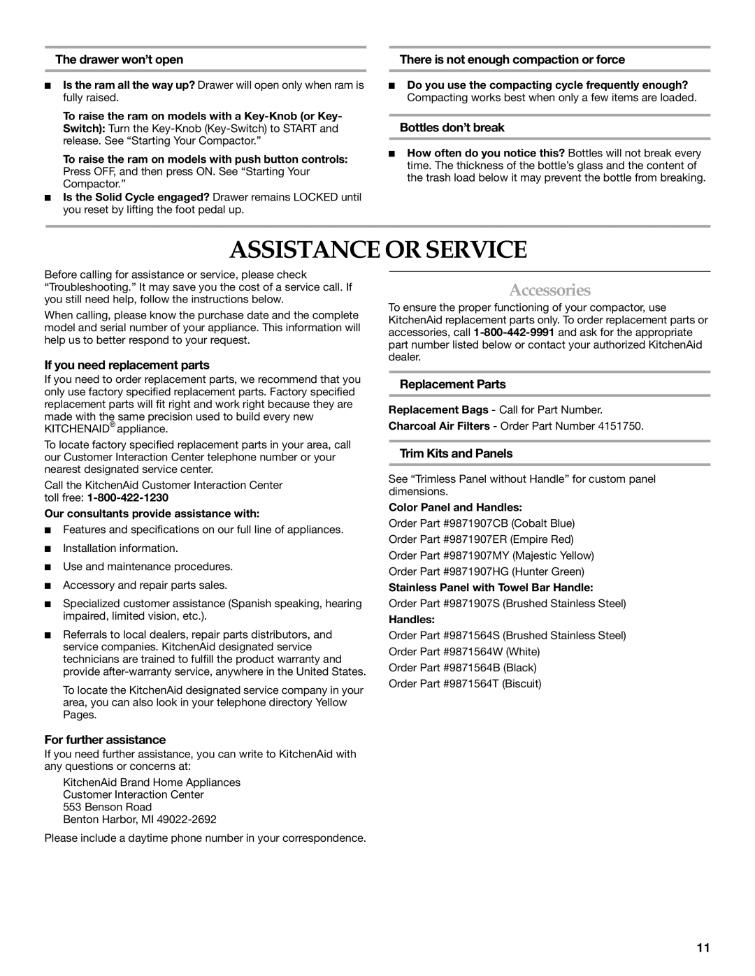 KitchenAid 9871915A manual Assistance or Service, Accessories 