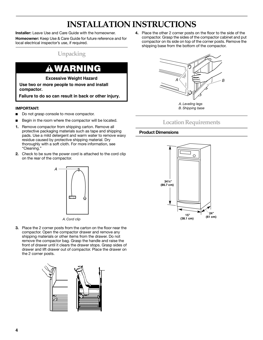 KitchenAid 9871915A manual Installation Instructions, Unpacking, Location Requirements, Product Dimensions 