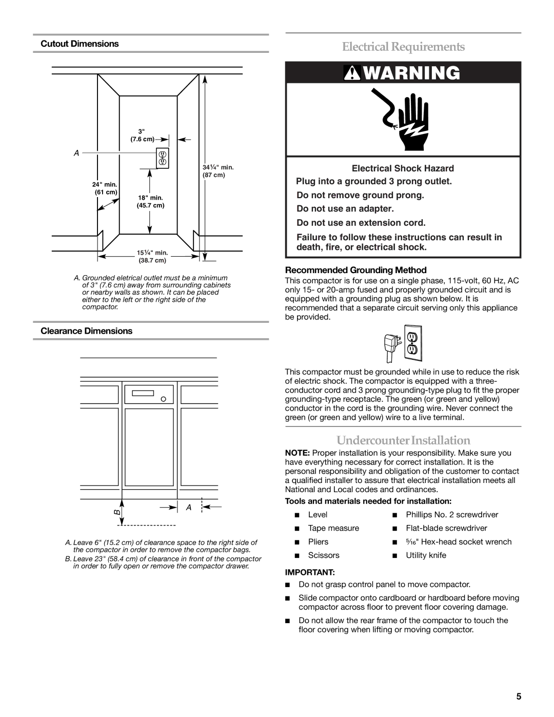 KitchenAid 9871915A manual Electrical Requirements, UndercounterInstallation, Cutout Dimensions, Clearance Dimensions 