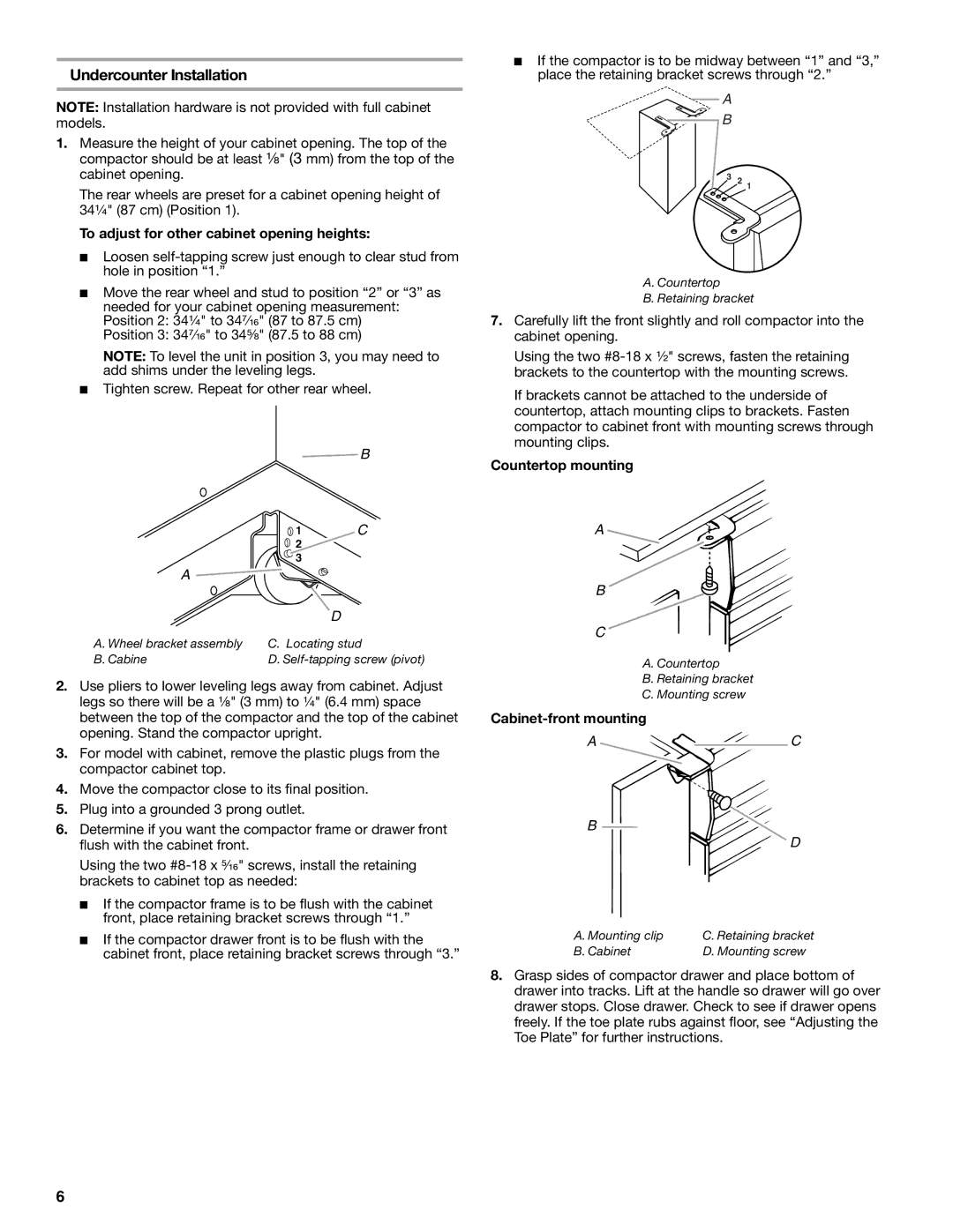 KitchenAid 9871915A manual Undercounter Installation, To adjust for other cabinet opening heights, Countertop mounting 