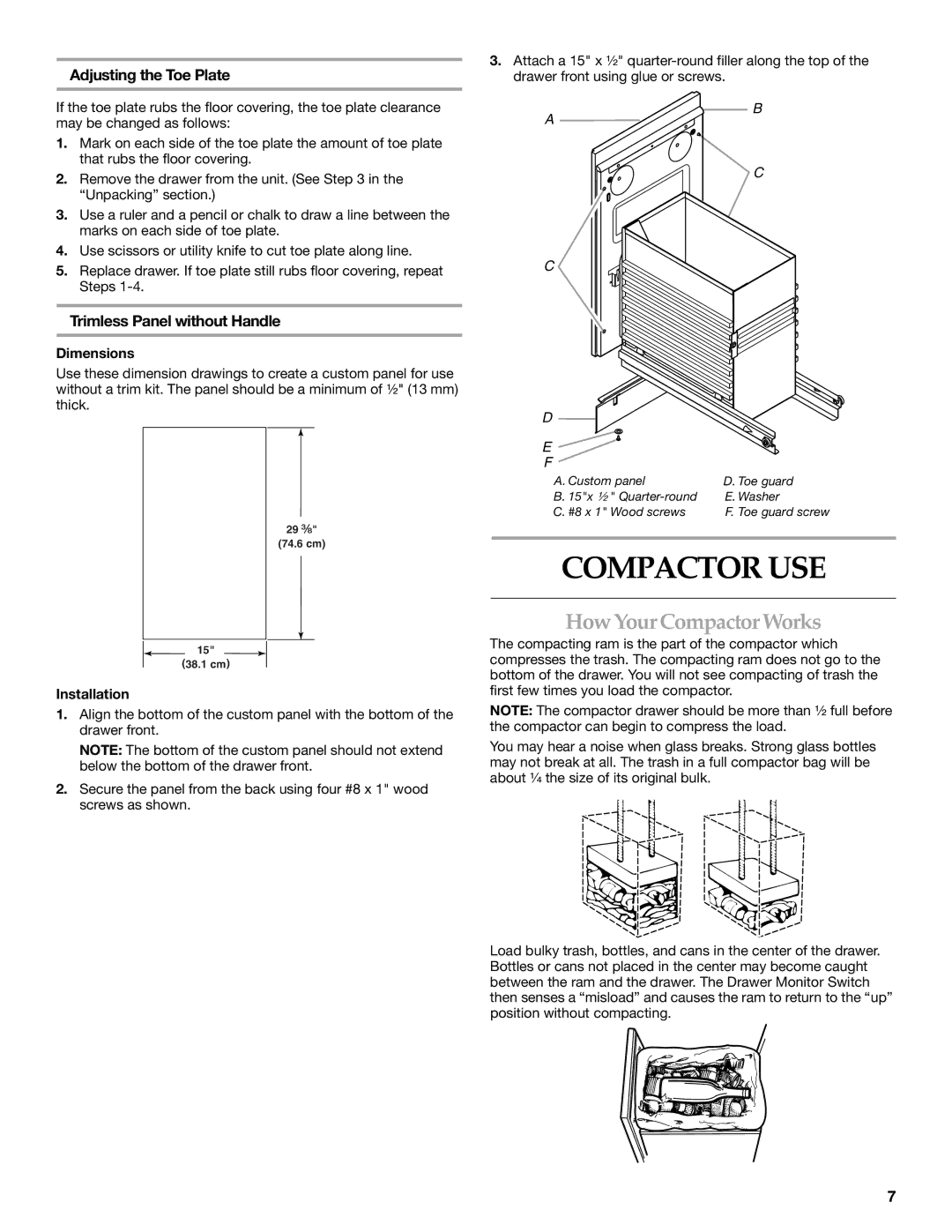 KitchenAid 9871915A manual Compactor USE, How Your Compactor Works, Adjusting the Toe Plate, Trimless Panel without Handle 