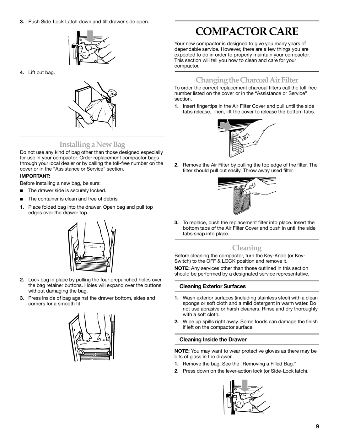 KitchenAid 9871915A manual Compactor Care, Installinga New Bag, Changing the Charcoal Air Filter, Cleaning 