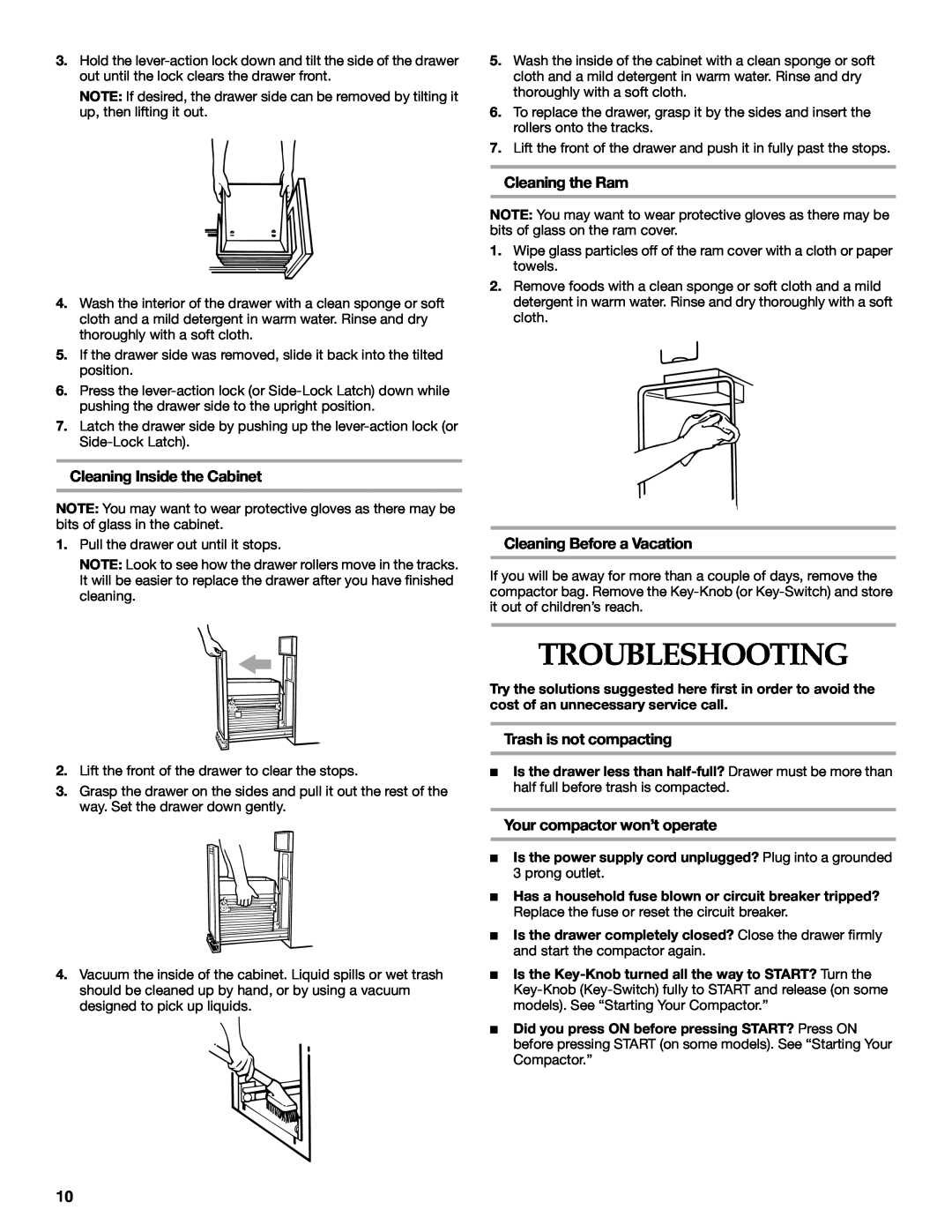 KitchenAid 9871915A manual Troubleshooting, Cleaning Inside the Cabinet, Cleaning the Ram, Cleaning Before a Vacation 