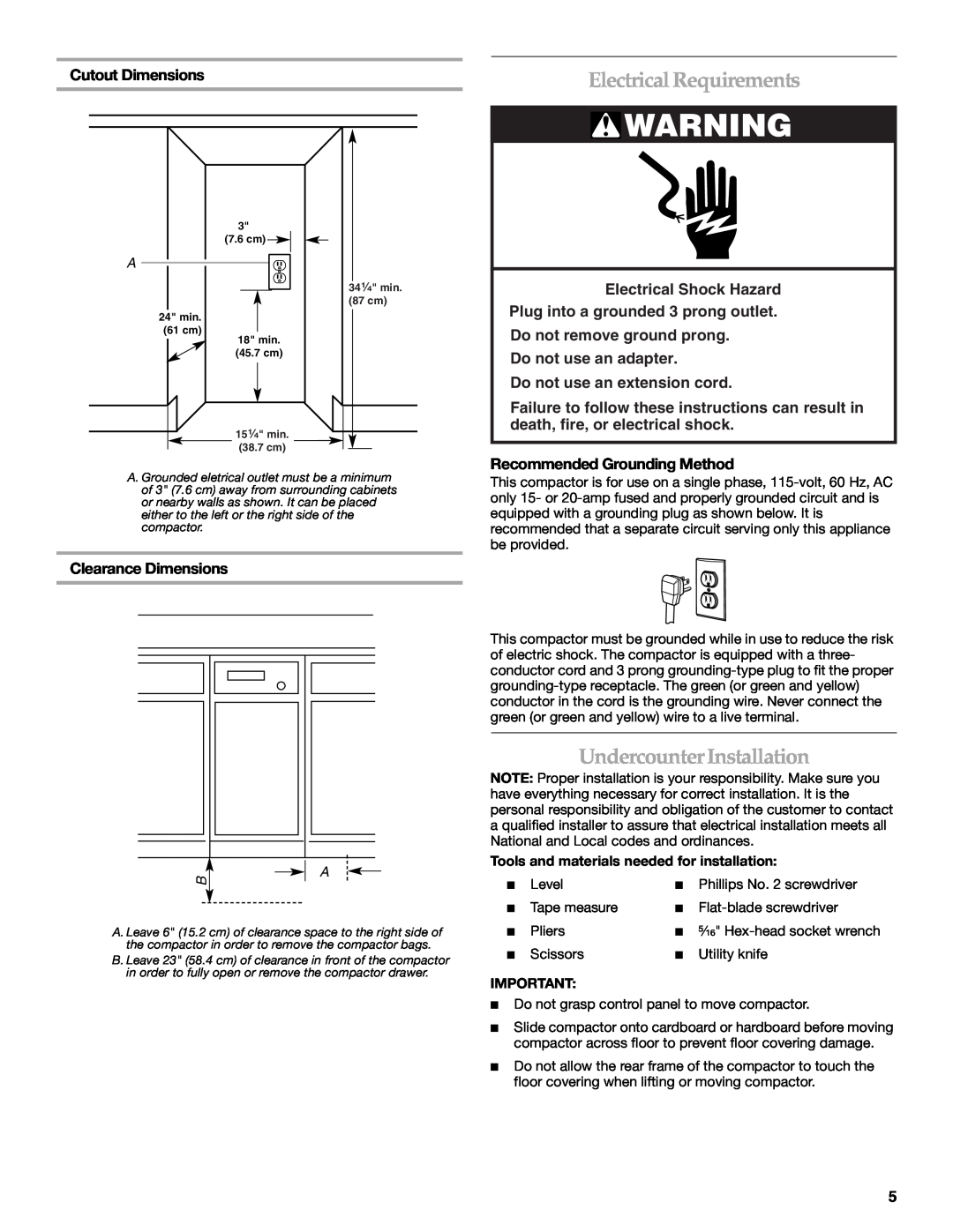 KitchenAid 9871915A manual Electrical Requirements, UndercounterInstallation, Cutout Dimensions, Clearance Dimensions 