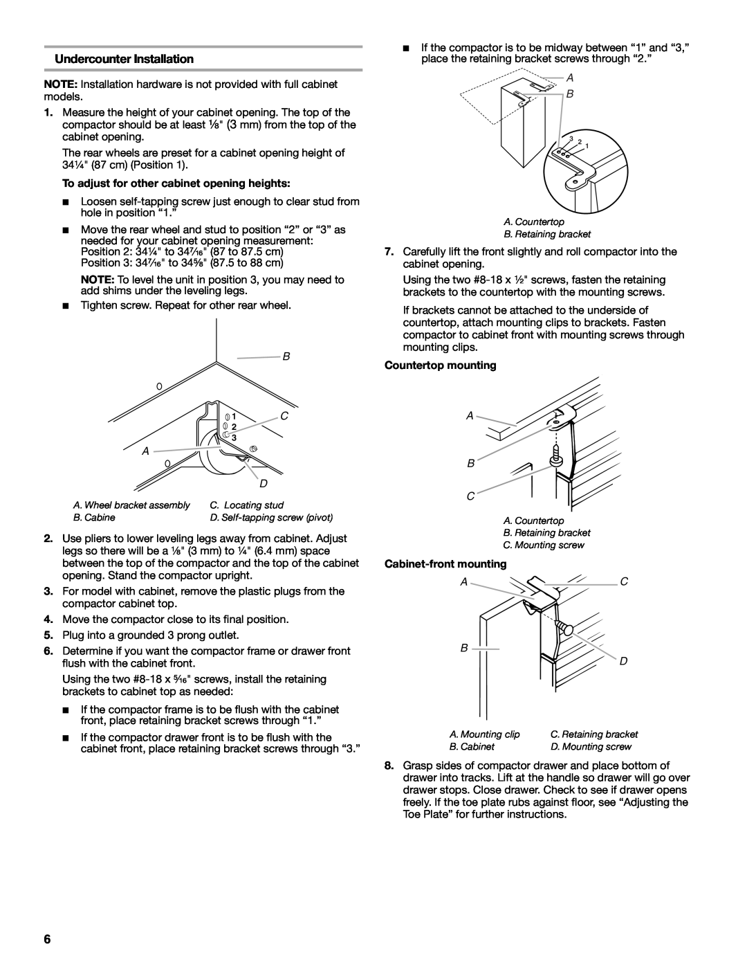 KitchenAid 9871915A Undercounter Installation, To adjust for other cabinet opening heights, Countertop mounting, A B C 