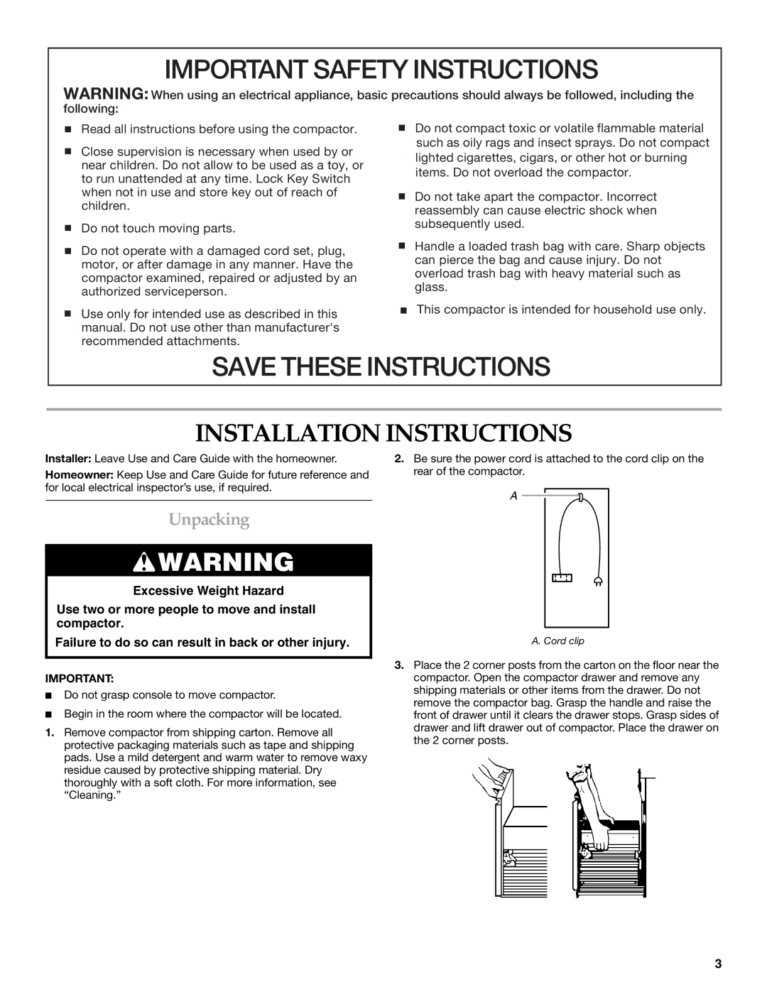 KitchenAid 9871915B manual Installation Instructions, Unpacking 