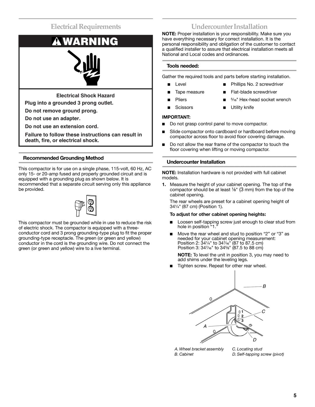 KitchenAid 9871915B manual Electrical Requirements, UndercounterInstallation, Tools needed, Undercounter Installation 