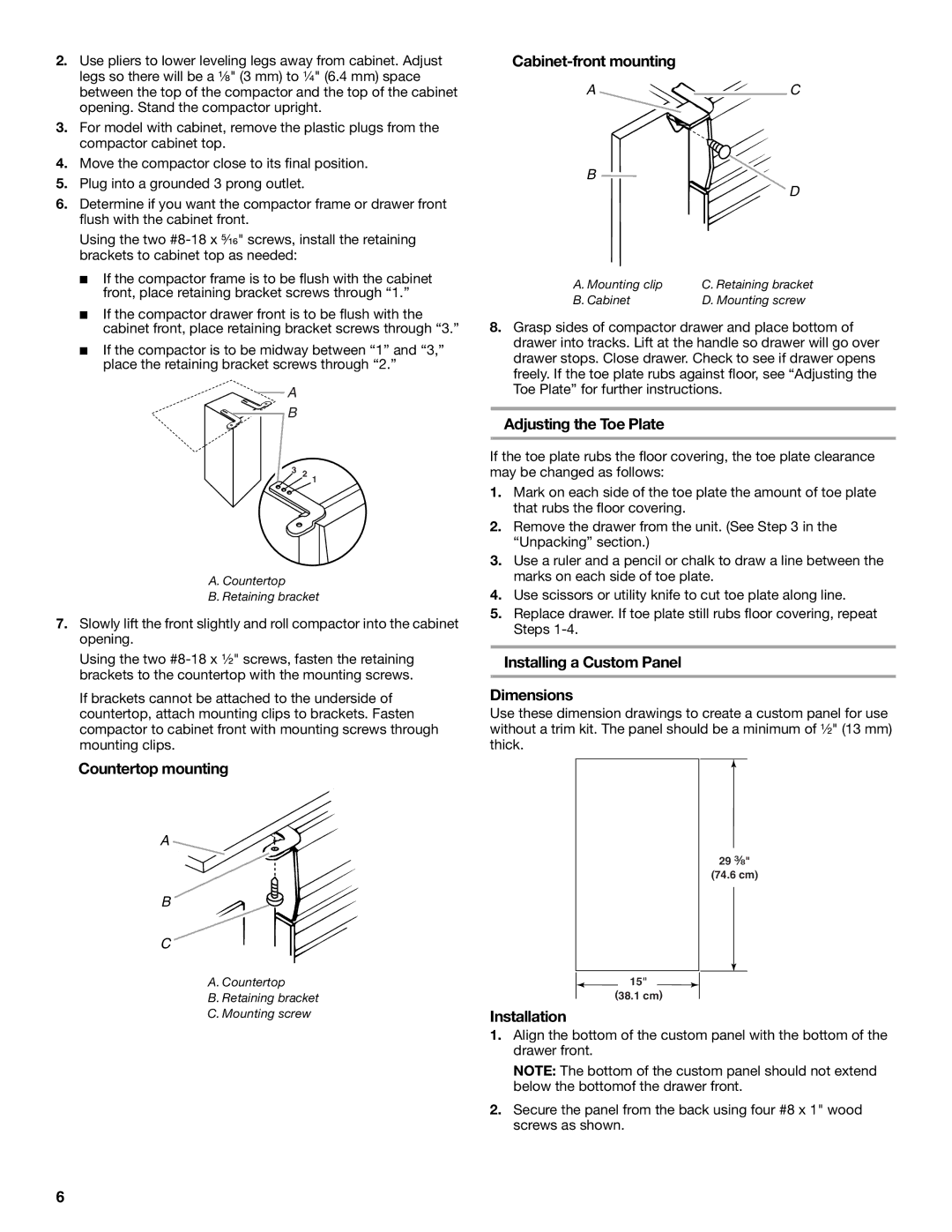 KitchenAid 9871915B manual Countertop mounting, Cabinet-front mounting, Adjusting the Toe Plate, Installation 