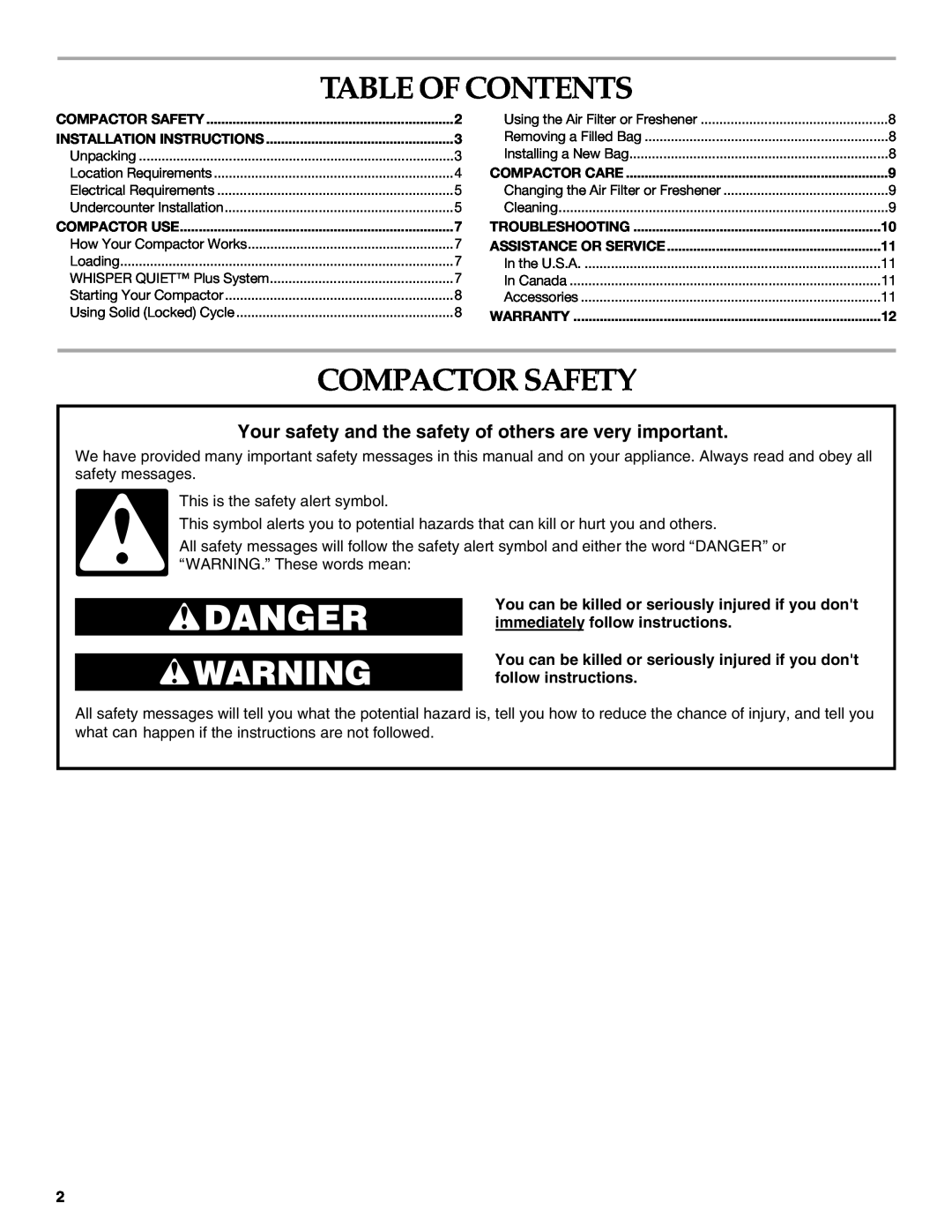 KitchenAid 9871915B manual Table Of Contents, Compactor Safety, Your safety and the safety of others are very important 