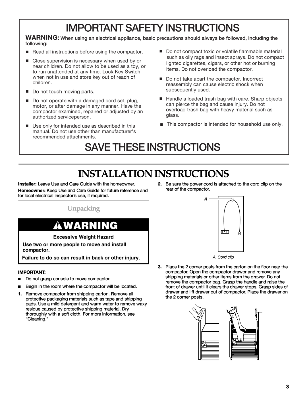 KitchenAid 9871915B manual Installation Instructions, Unpacking, Excessive Weight Hazard, Important Safety Instructions 