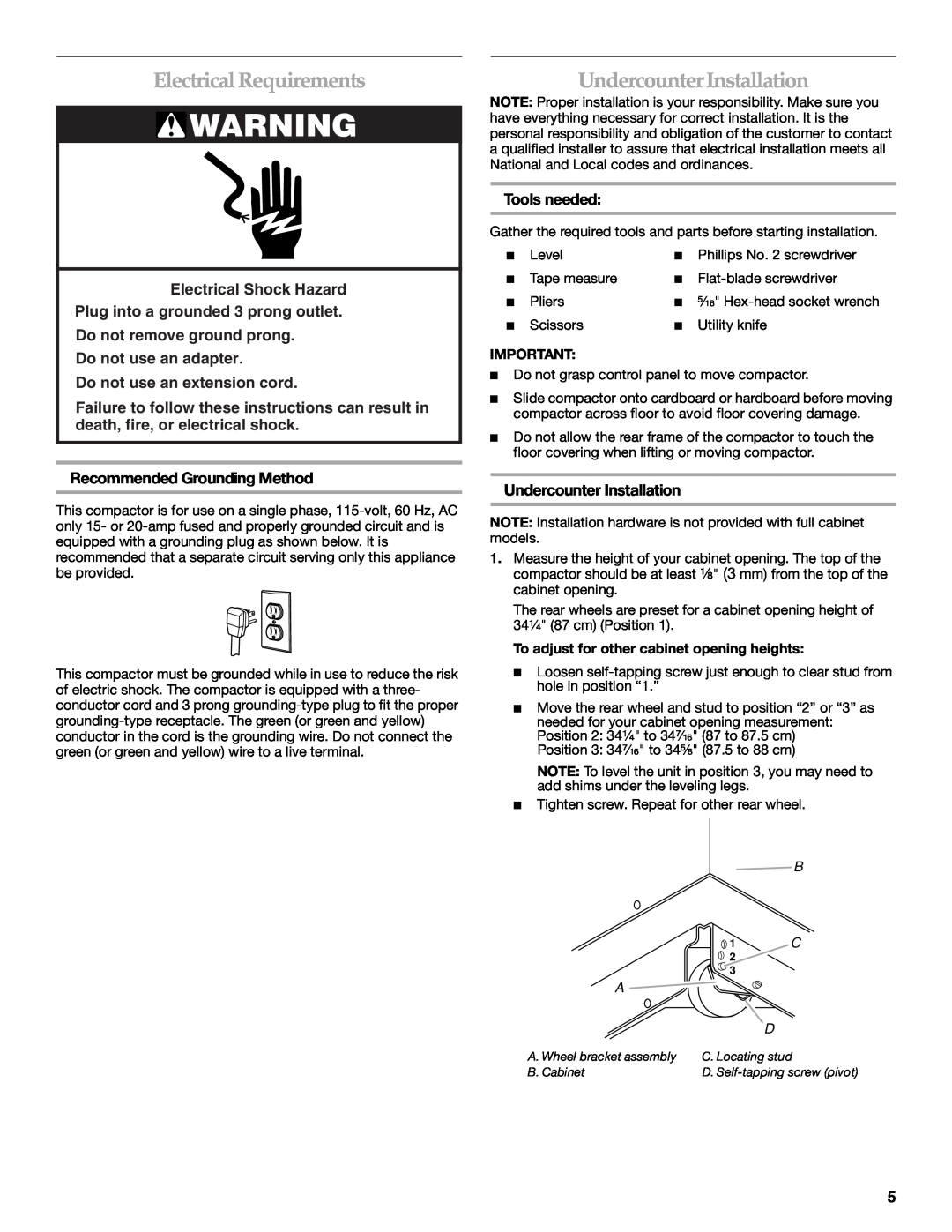 KitchenAid 9871915B Electrical Requirements, UndercounterInstallation, Do not remove ground prong Do not use an adapter 