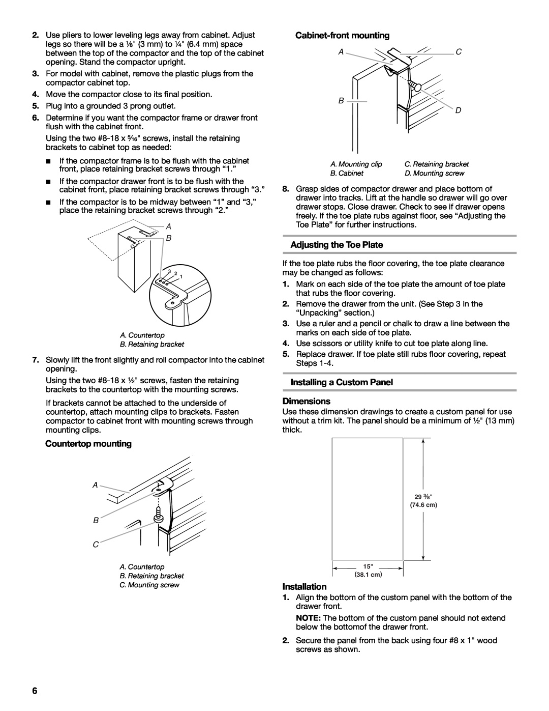 KitchenAid 9871915B manual Countertop mounting, Cabinet-front mounting, Adjusting the Toe Plate, Installation, A C B D 