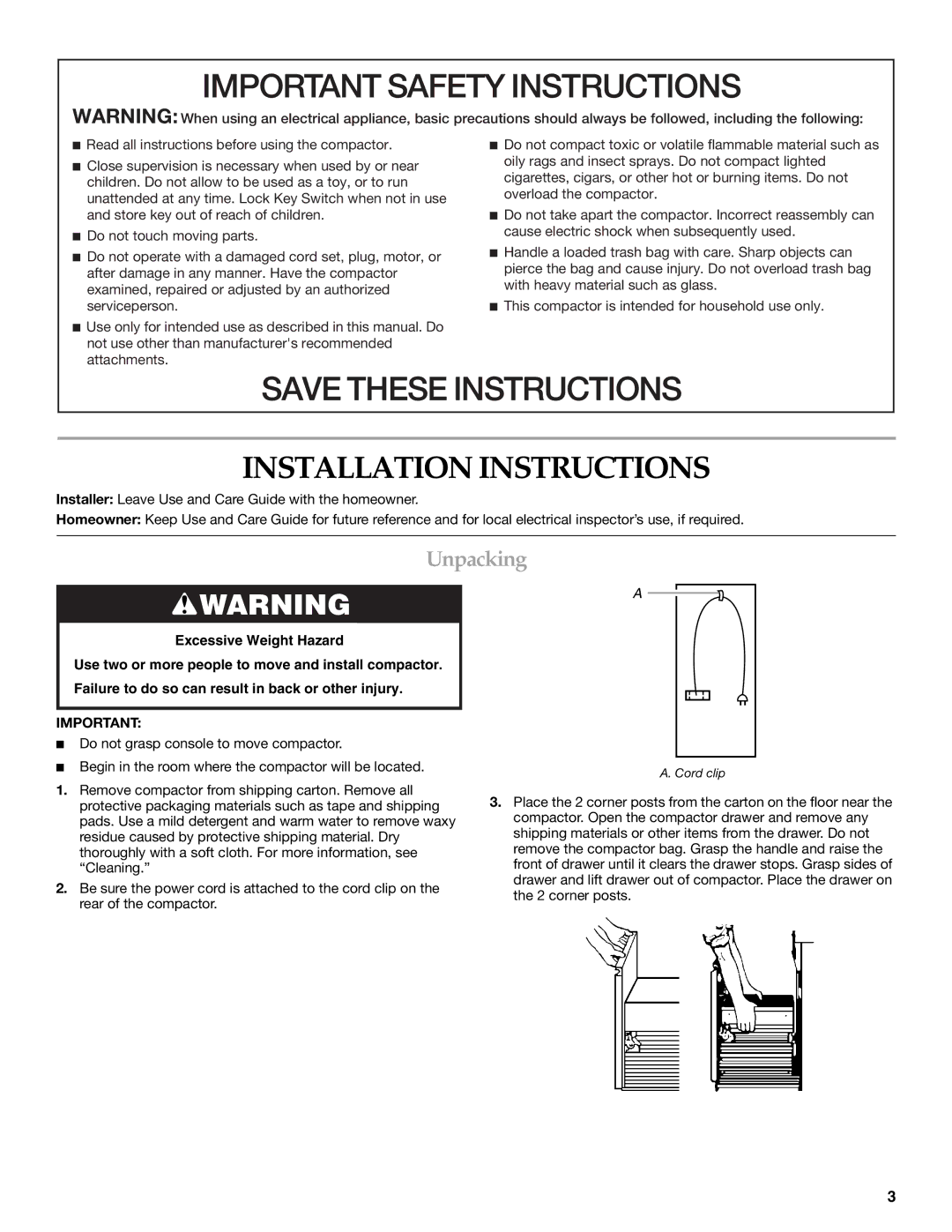 KitchenAid 9872215B manual Installation Instructions, Unpacking 