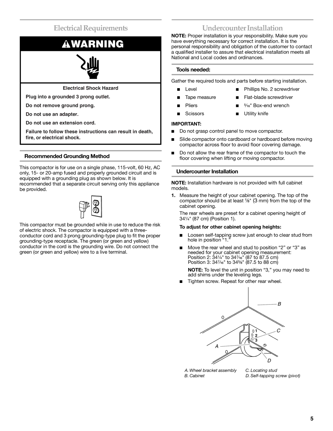 KitchenAid 9872215B manual Electrical Requirements, UndercounterInstallation, Recommended Grounding Method, Tools needed 