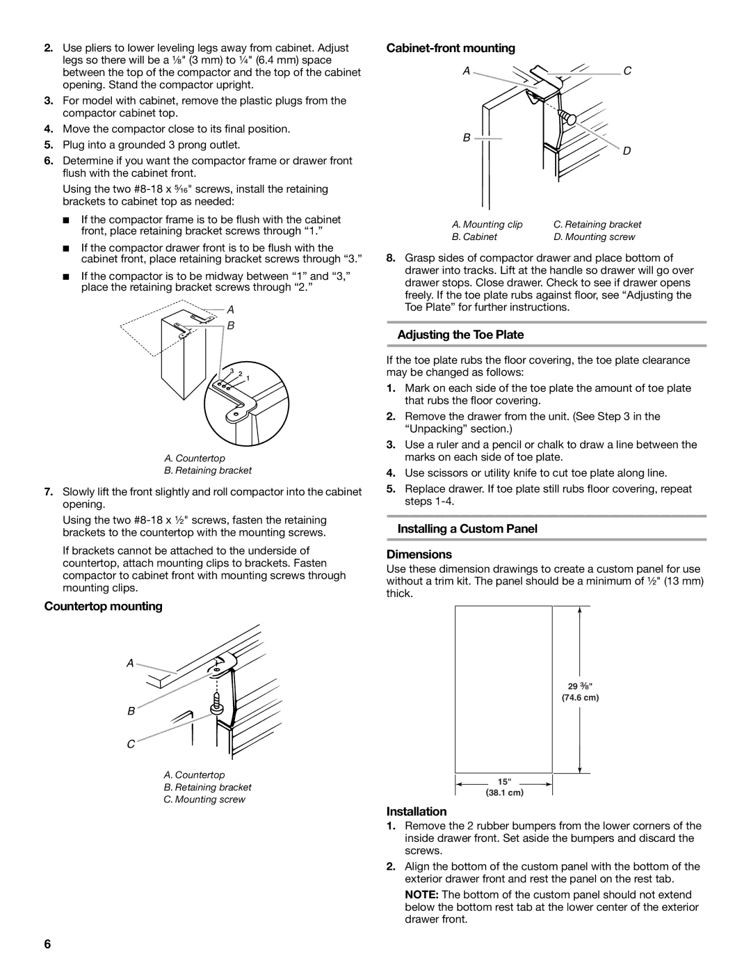 KitchenAid 9872215B manual Countertop mounting, Cabinet-front mounting, Adjusting the Toe Plate, Installation 