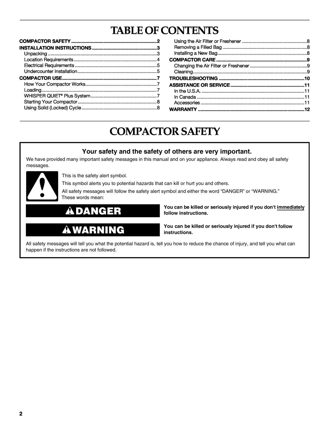 KitchenAid 9872215B manual Table Of Contents, Compactor Safety, Danger 