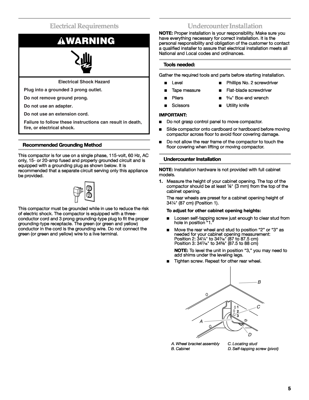 KitchenAid 9872215B manual Electrical Requirements, UndercounterInstallation, Recommended Grounding Method, Tools needed 