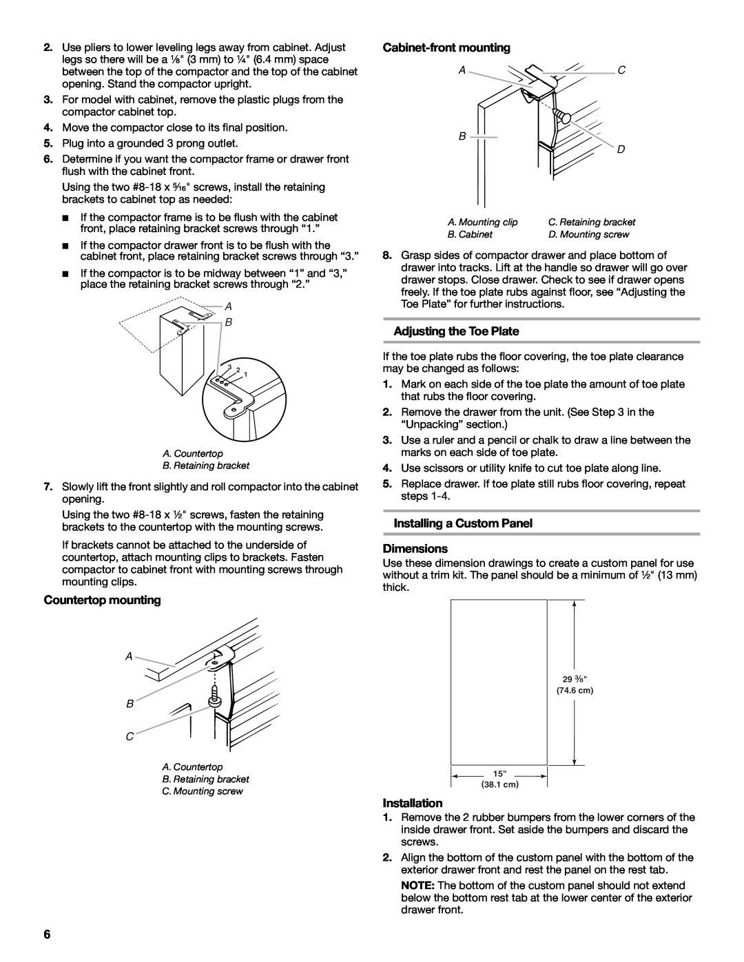 KitchenAid 9872215B manual Countertop mounting, Cabinet-frontmounting, Adjusting the Toe Plate, Installation, A C B D 