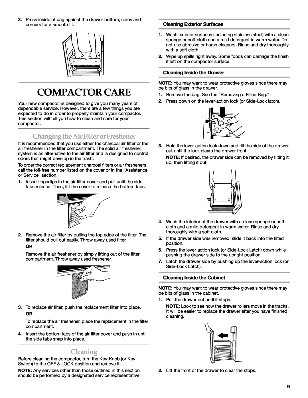 KitchenAid 9872215B manual Compactor Care, Changing the AirFilter orFreshener, Cleaning Exterior Surfaces 