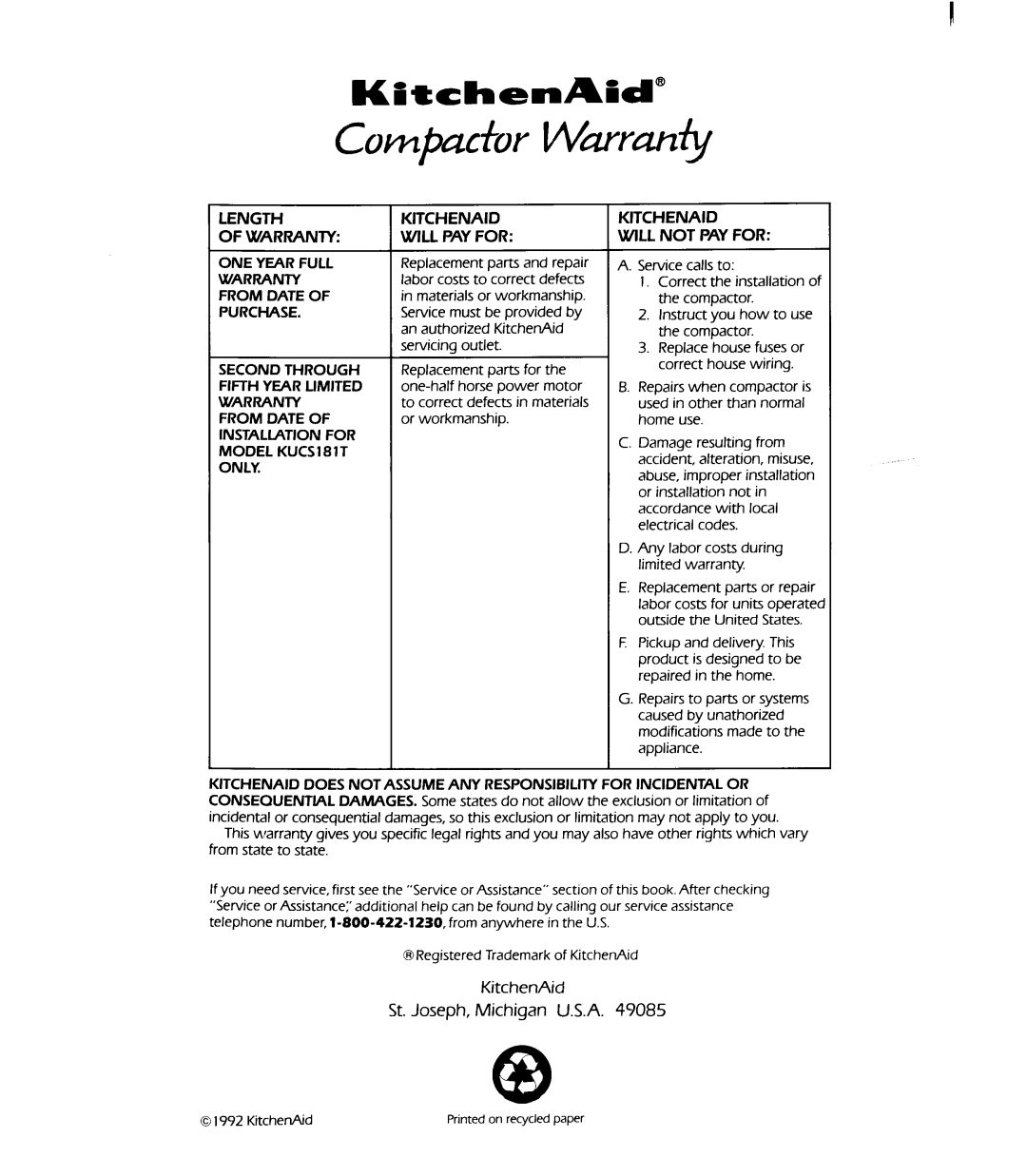 KitchenAid 987402 RV A11/92 manual 