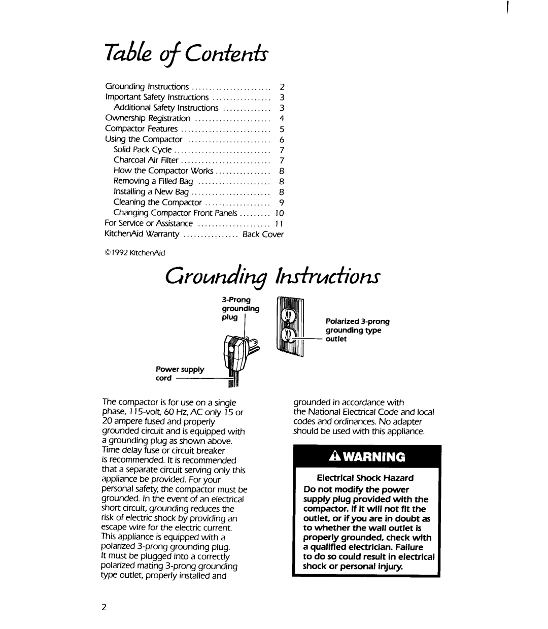 KitchenAid 987402 RV A11/92 manual 