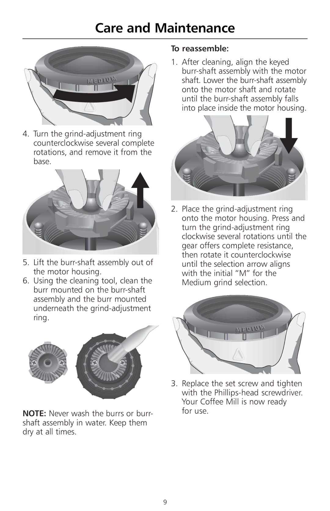 KitchenAid A-9 manual Care and Maintenance, To reassemble 