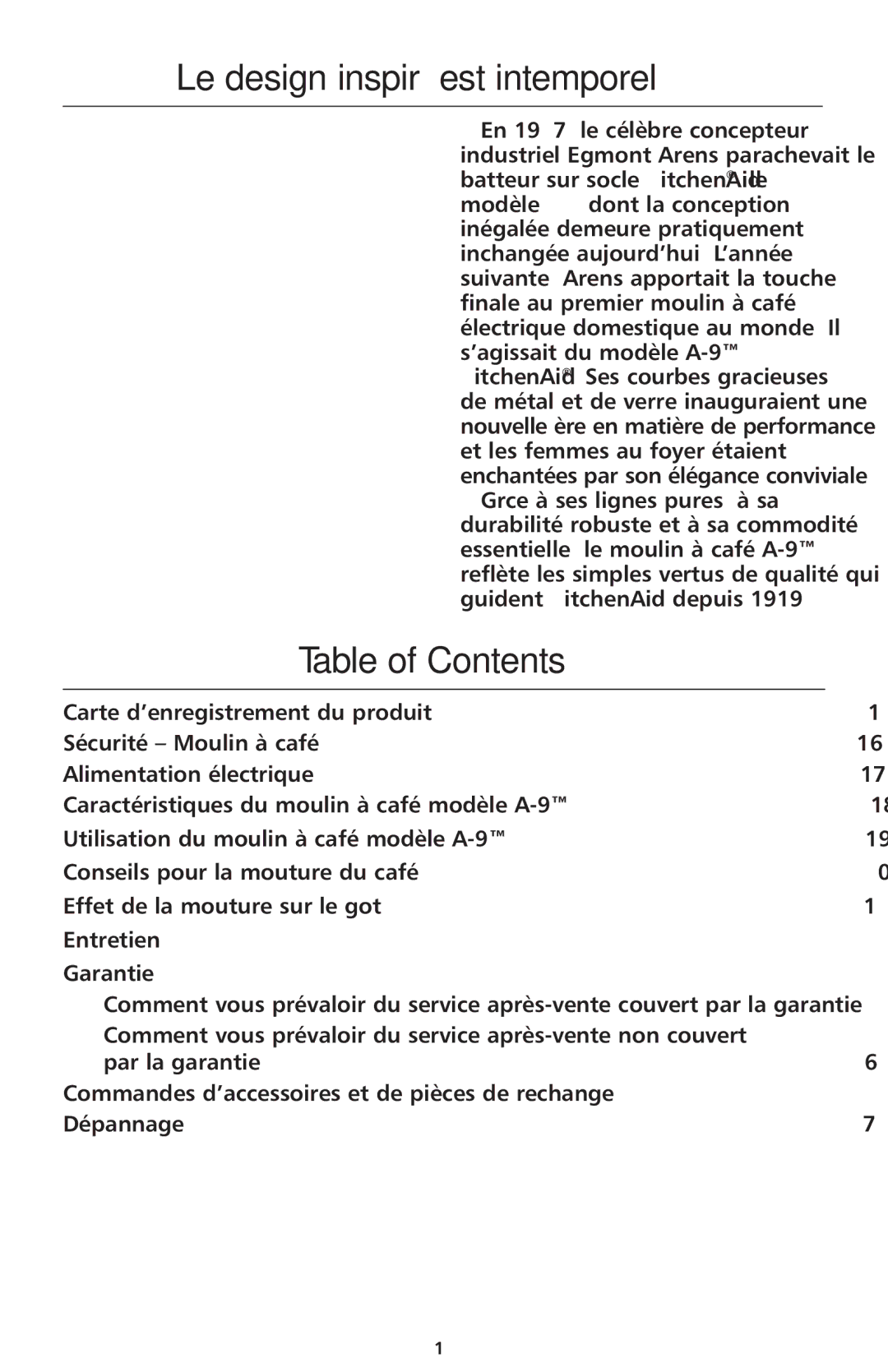 KitchenAid A-9 manual Le design inspiré est intemporel, Table of Contents 