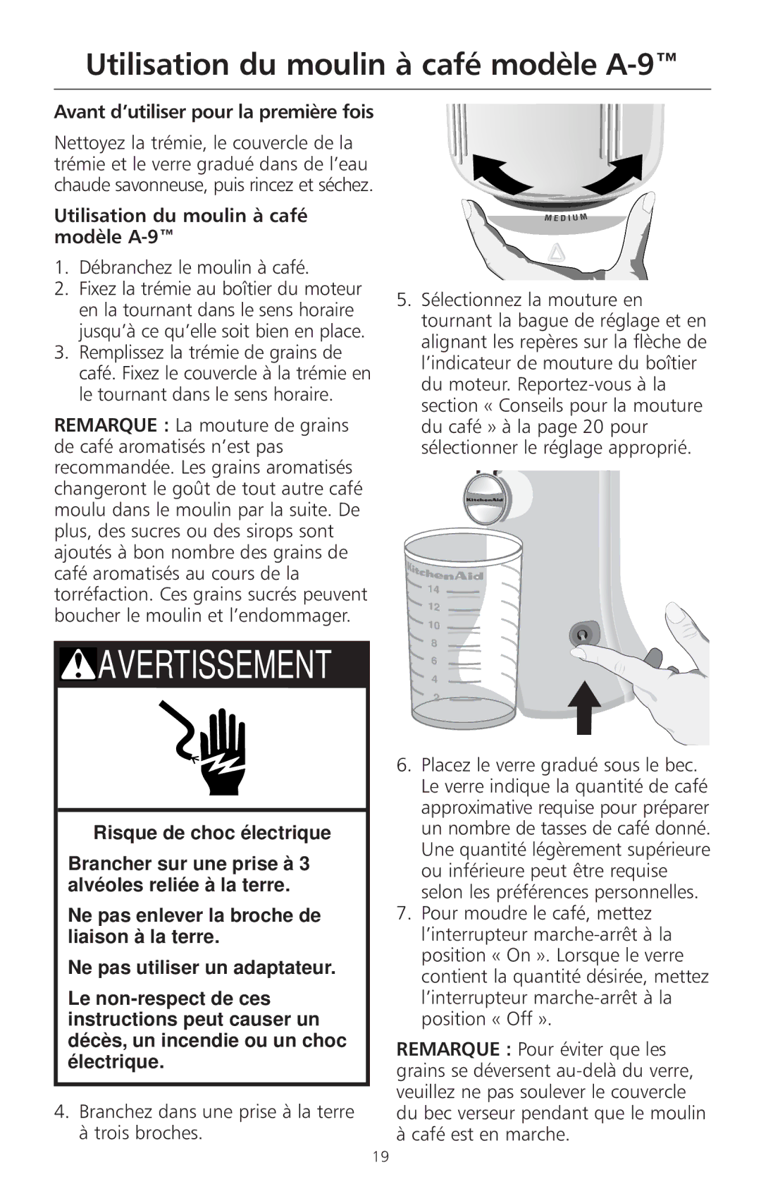 KitchenAid manual Utilisation du moulin à café modèle A-9, Avant d’utiliser pour la première fois 