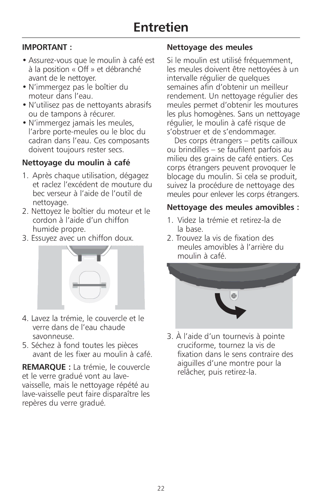 KitchenAid A-9 manual Entretien, Nettoyage du moulin à café, Nettoyage des meules amovibles 