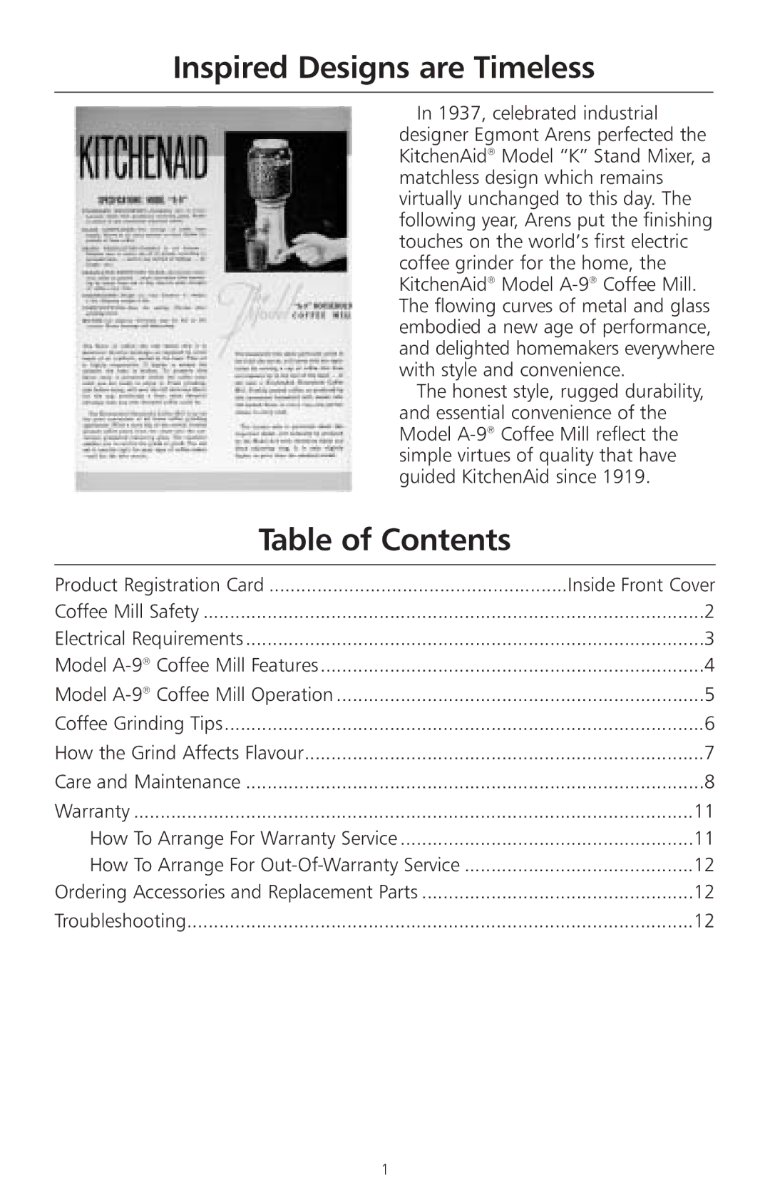 KitchenAid A-9 manual Inspired Designs are Timeless, Table of Contents 