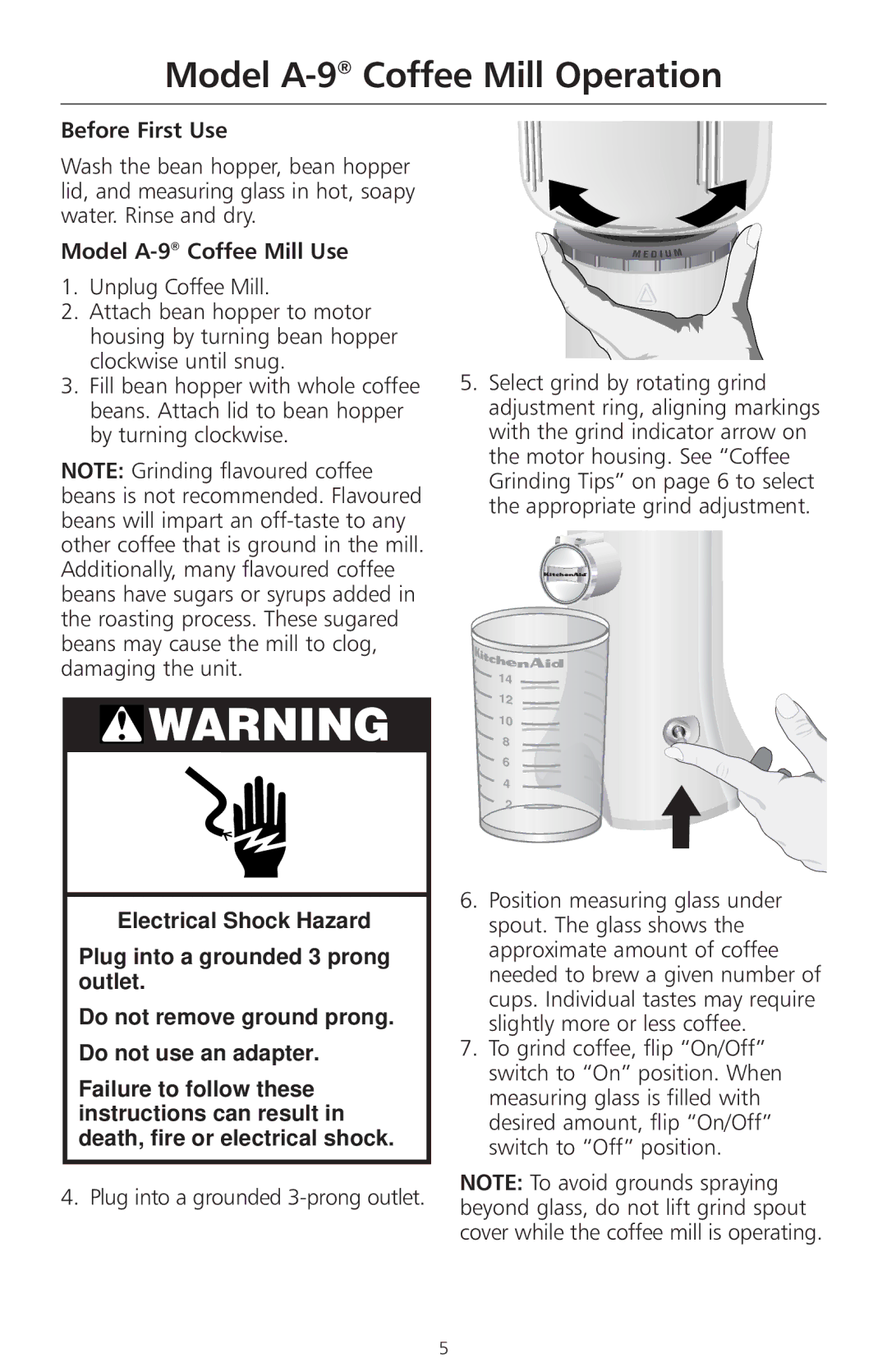 KitchenAid manual Model A-9Coffee Mill Operation, Before First Use, Model A-9Coffee Mill Use 