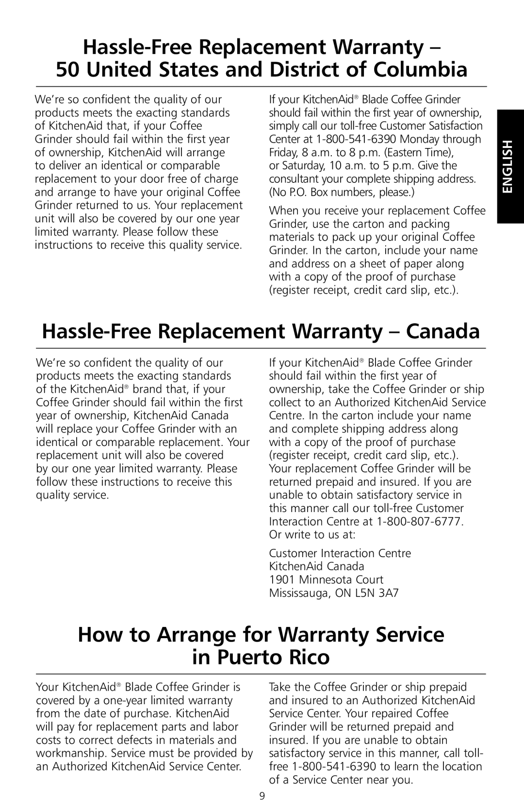 KitchenAid BCG100 manual Hassle-Free Replacement Warranty Canada, How to Arrange for Warranty Service Puerto Rico 