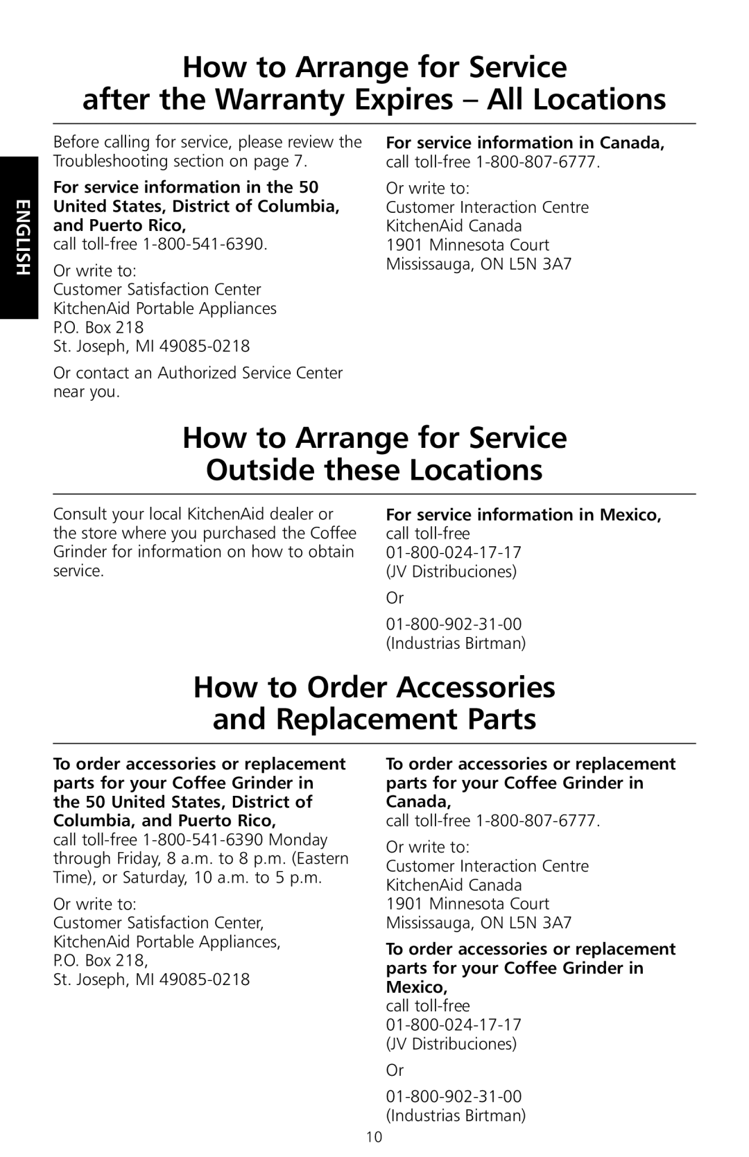 KitchenAid BCG100 manual How to Arrange for Service Outside these Locations, How to Order Accessories Replacement Parts 