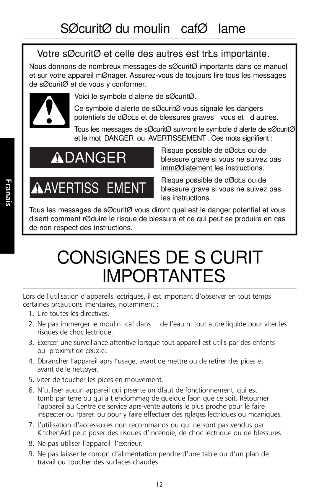 KitchenAid BCG100 manual Consignes DE Sécurité Importantes, Sécurité du moulin à café à lame 