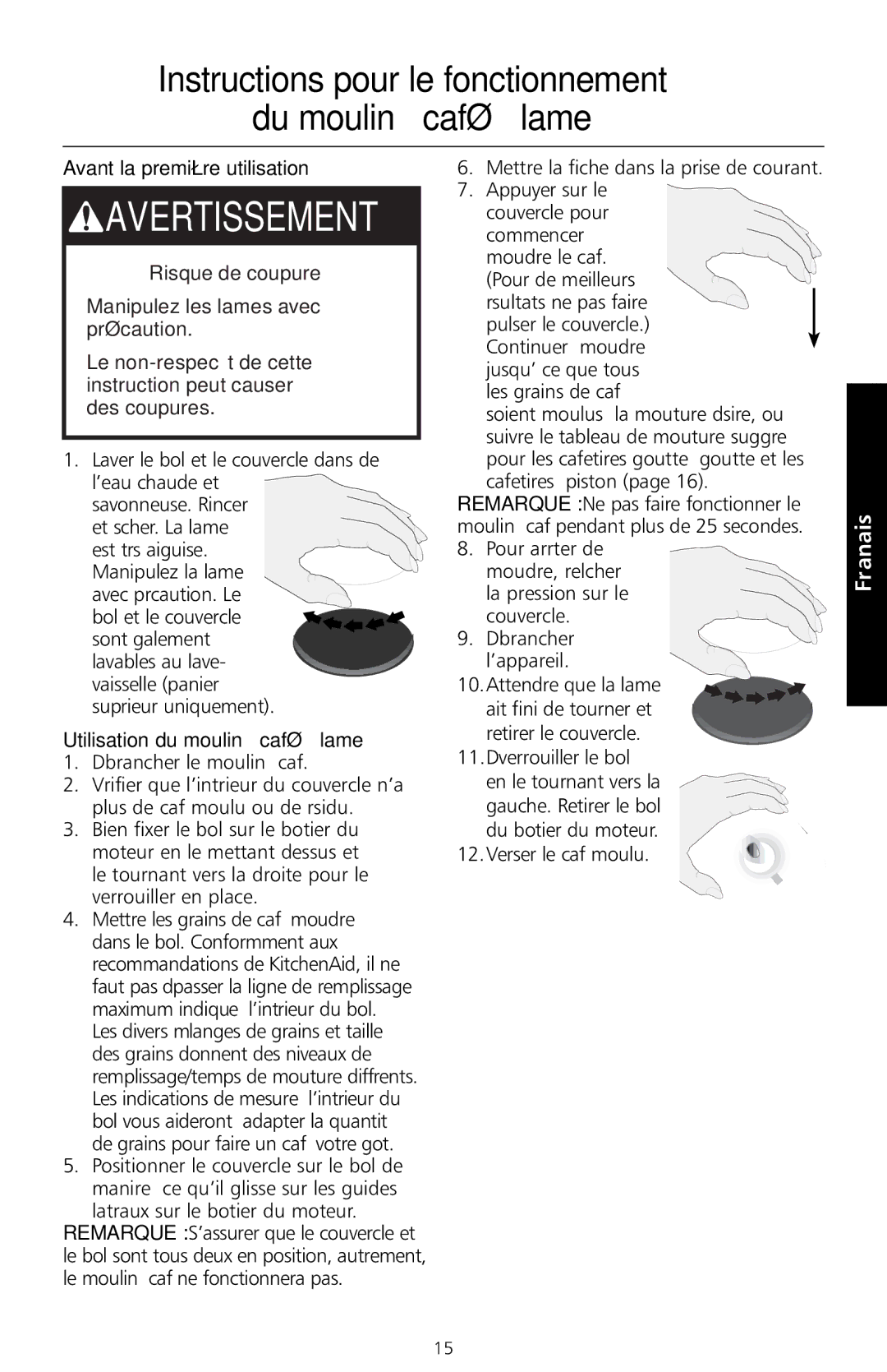 KitchenAid BCG100 manual Instructions pour le fonctionnement Du moulin à café à lame, Avant la première utilisation 