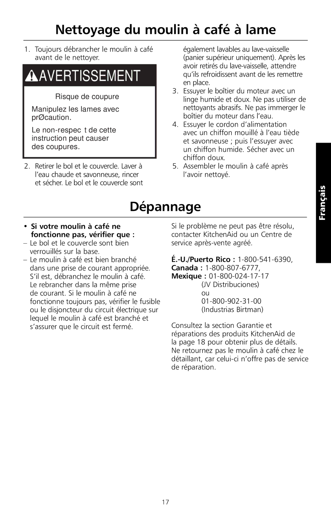 KitchenAid BCG100 Nettoyage du moulin à café à lame, Dépannage, Si votre moulin à café ne fonctionne pas, vérifier que 