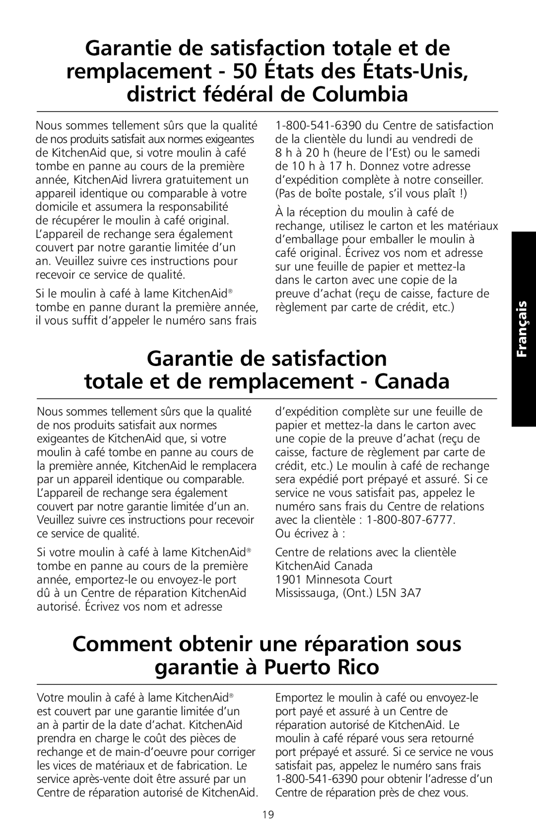 KitchenAid BCG100 manual Garantie de satisfaction Totale et de remplacement Canada 