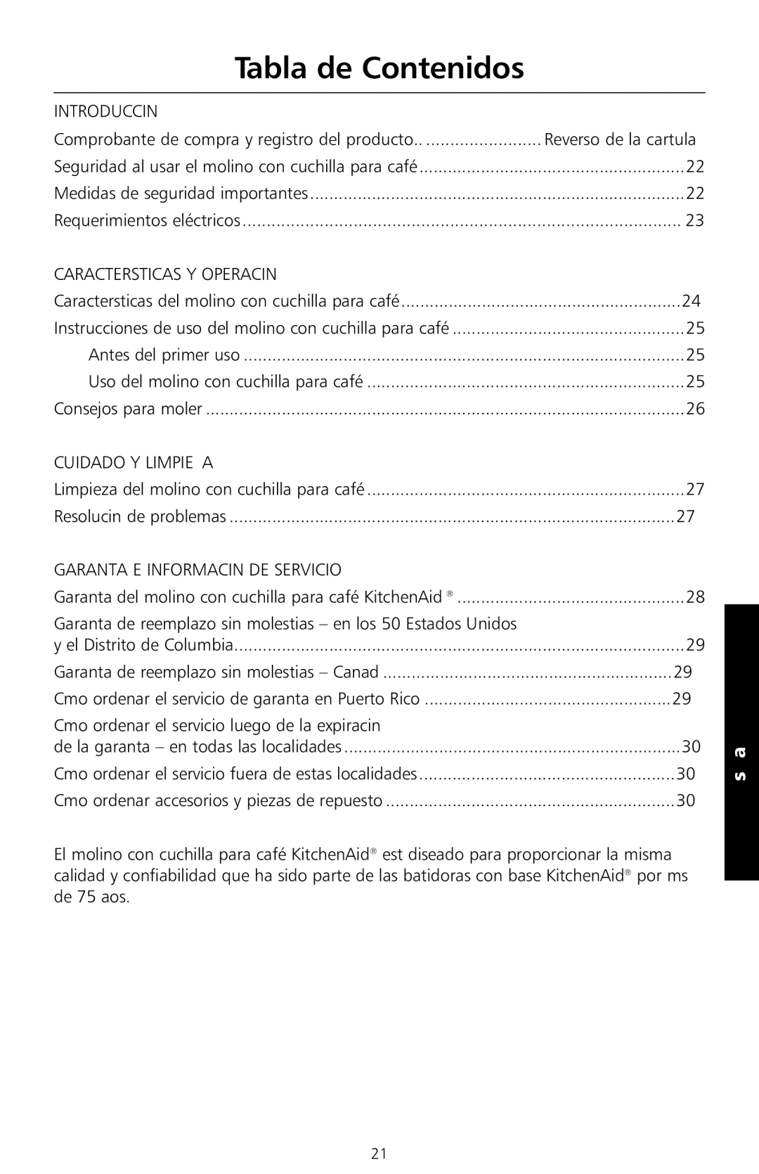 KitchenAid BCG100 manual Tabla de Contenidos, Medidas de seguridad importantes Requerimientos eléctricos 